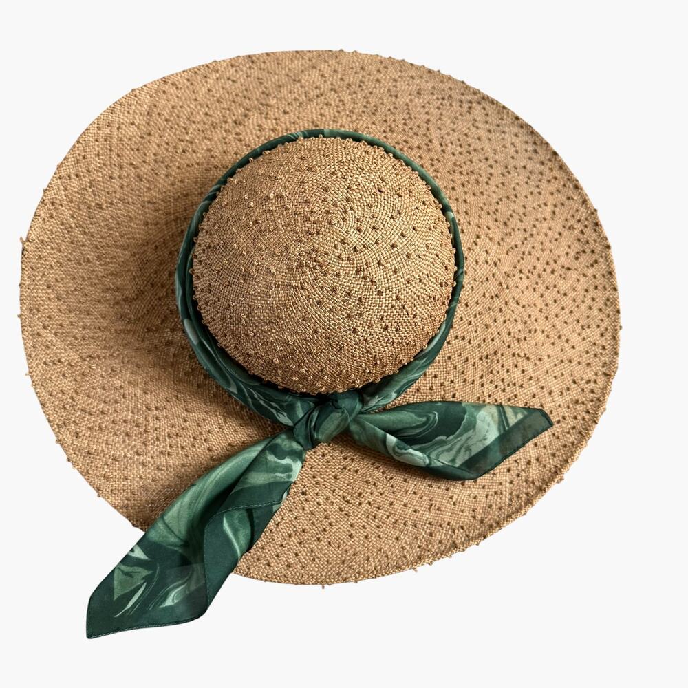 Bonwit Teller Vintage 70s Makins New York Wide Brim Straw Sun Hat Green Scarf - Picture 2 of 6